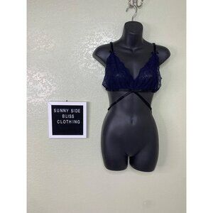 Navy Blue Lace Wrap Around Strappy Bralette With Bows Unlined Size Large